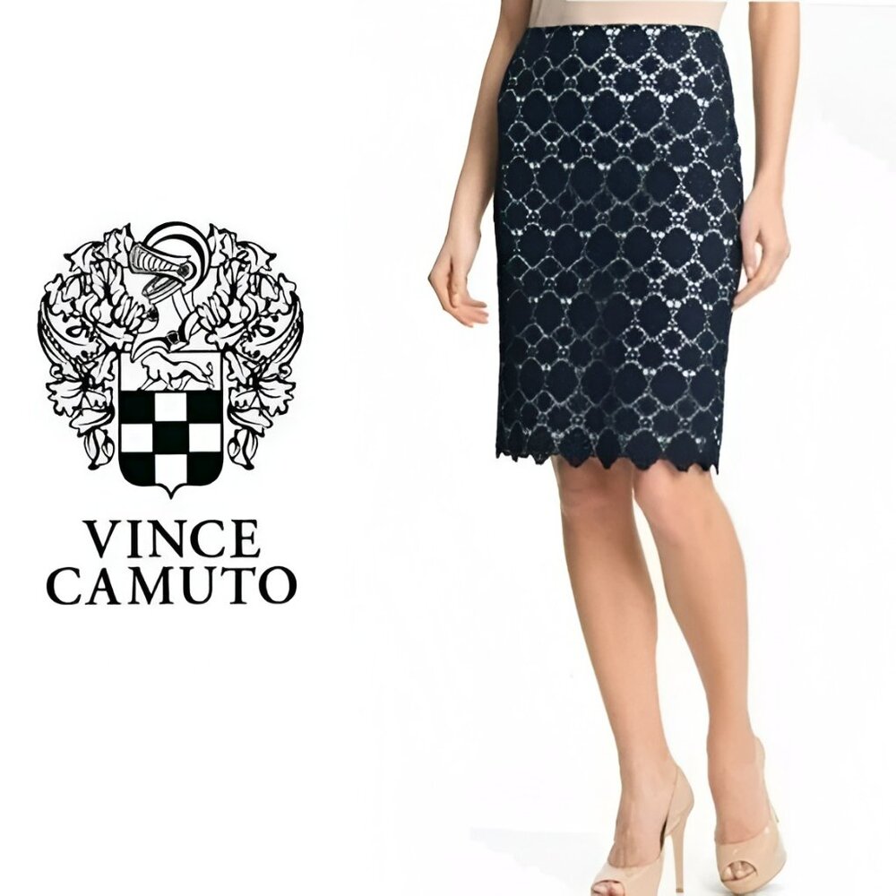 Vince Camuto Navy Blue Crochet Lace Over Mint Green Lined Pencil Dress Skirt 10